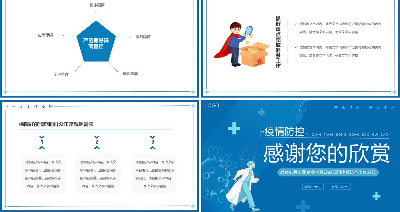 蓝色简约疫情防控工作总结汇报PPT模板