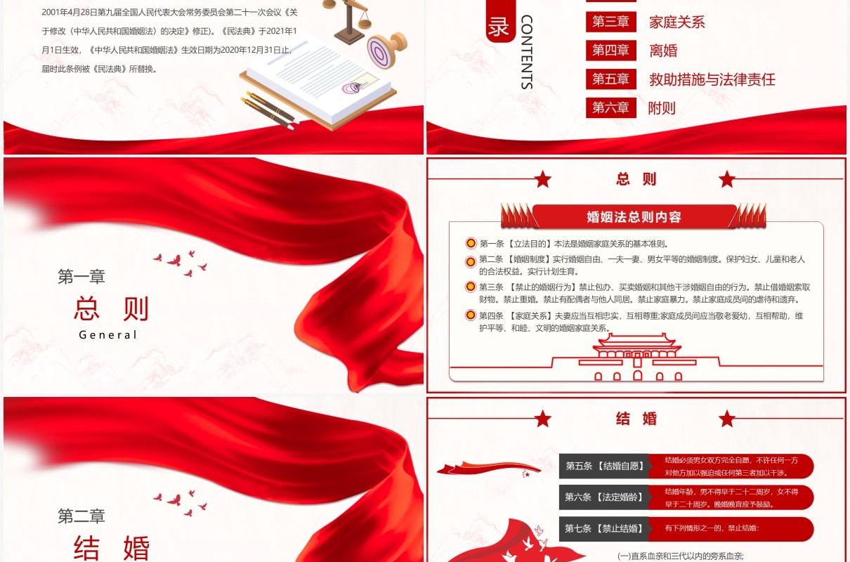 红色简约婚姻法法律条例普法宣传教育PPT模板