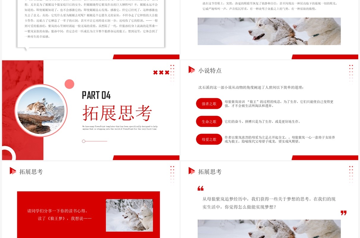 红色商务风狼王梦读书分享PPT模板