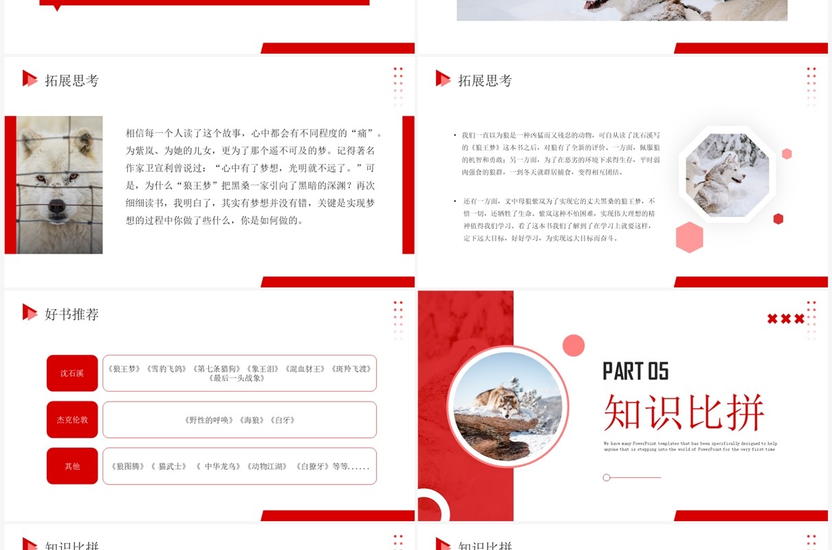 红色商务风狼王梦读书分享PPT模板
