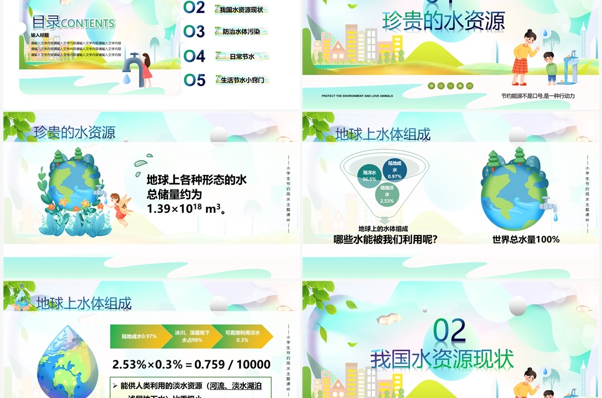 绿色卡通风节约用水从我做起PPT模板