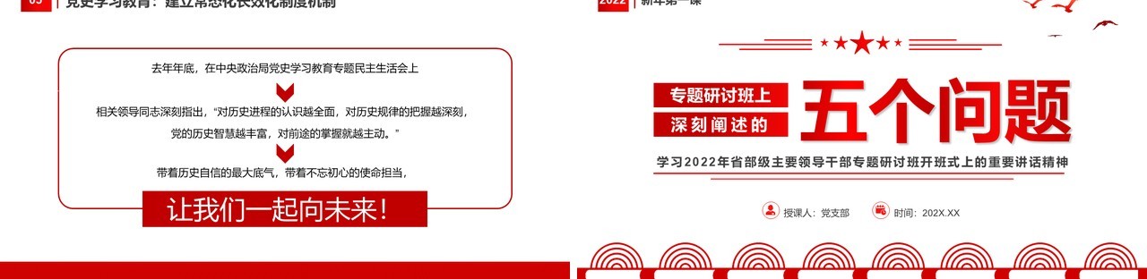红色简约专题研讨班上深刻阐述的五个问题PPT模板