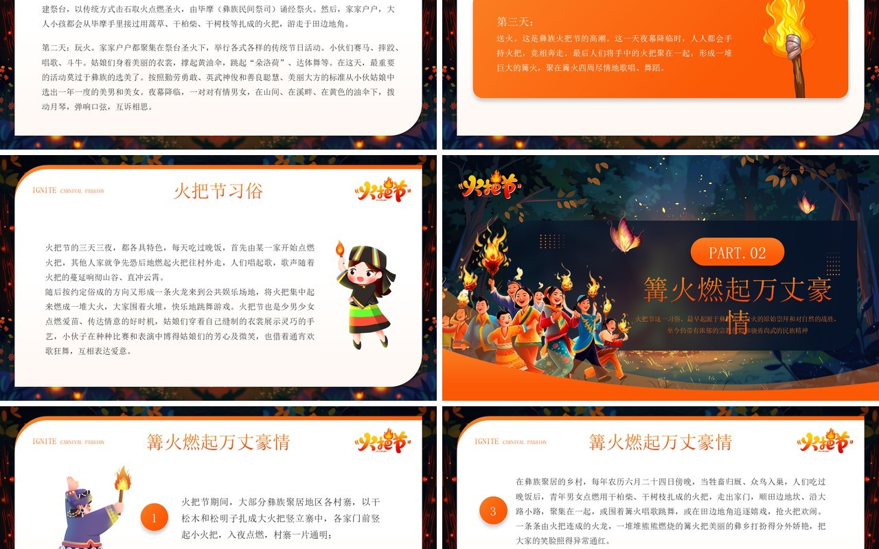 橙色插画风彝族火把节介绍PPT模板