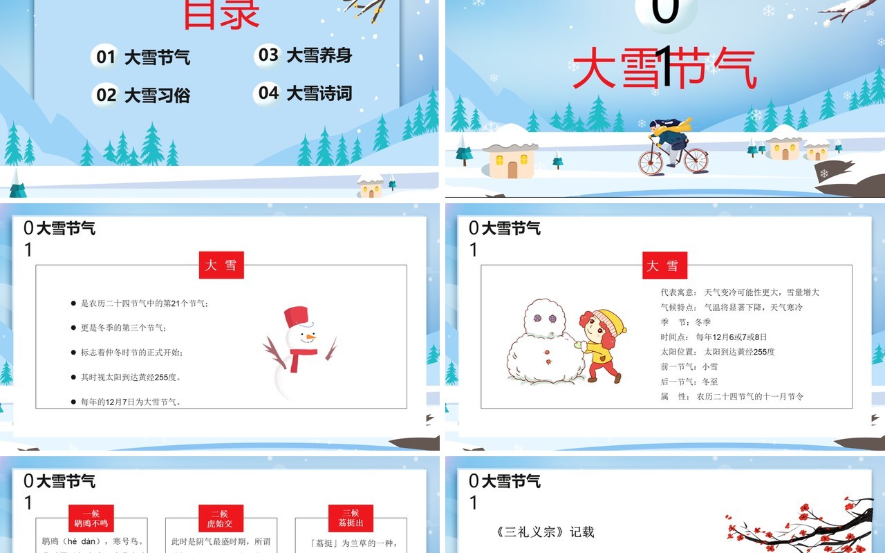 卡通风中国传统二十四节气之大雪节气介绍PPT模板