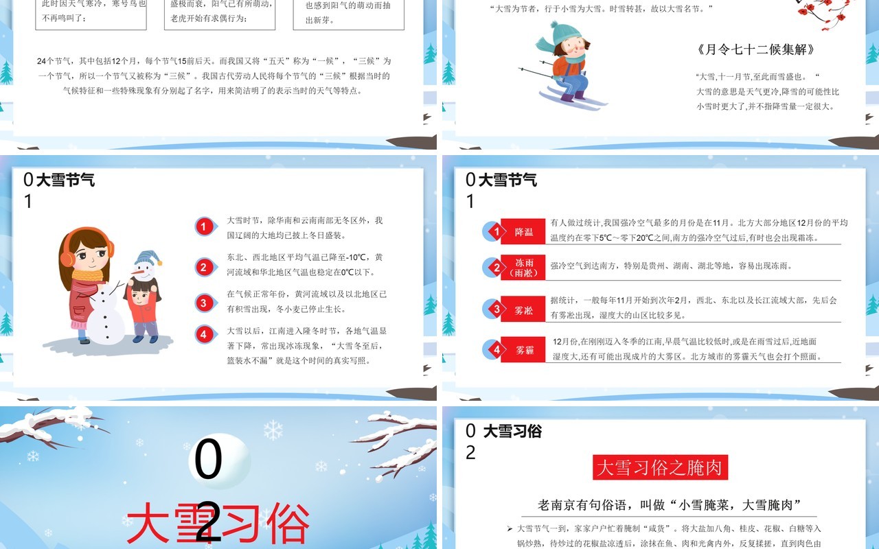 卡通风中国传统二十四节气之大雪节气介绍PPT模板