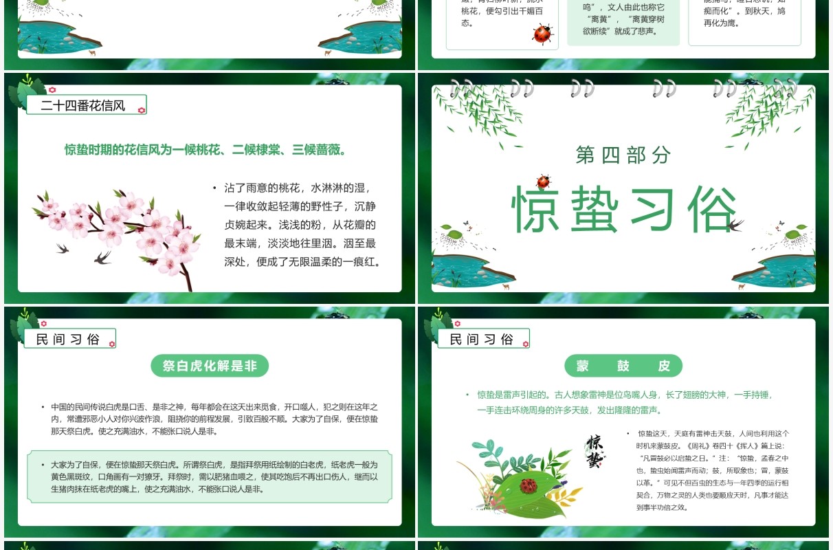 绿色卡通风中国二十四节气之惊蛰介绍PPT模板