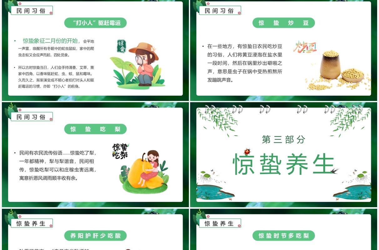 绿色卡通风中国二十四节气之惊蛰介绍PPT模板