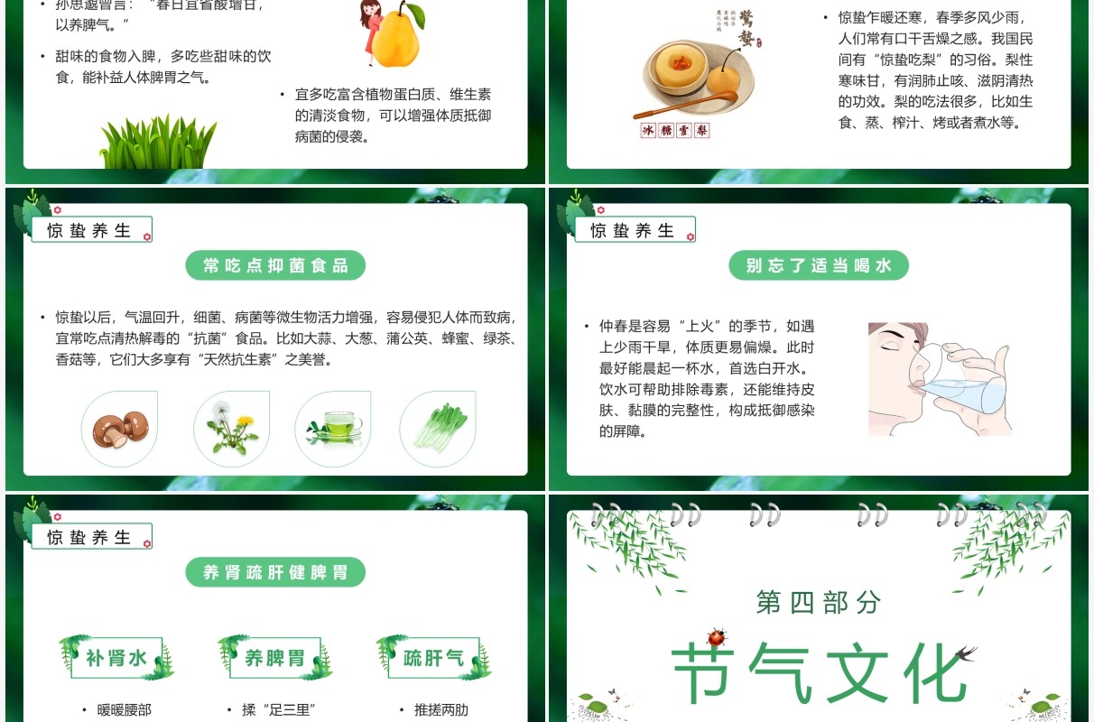绿色卡通风中国二十四节气之惊蛰介绍PPT模板