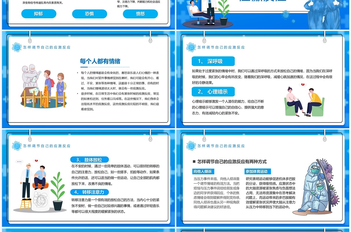 蓝色卡通风防疫情也要防心理病PPT模板