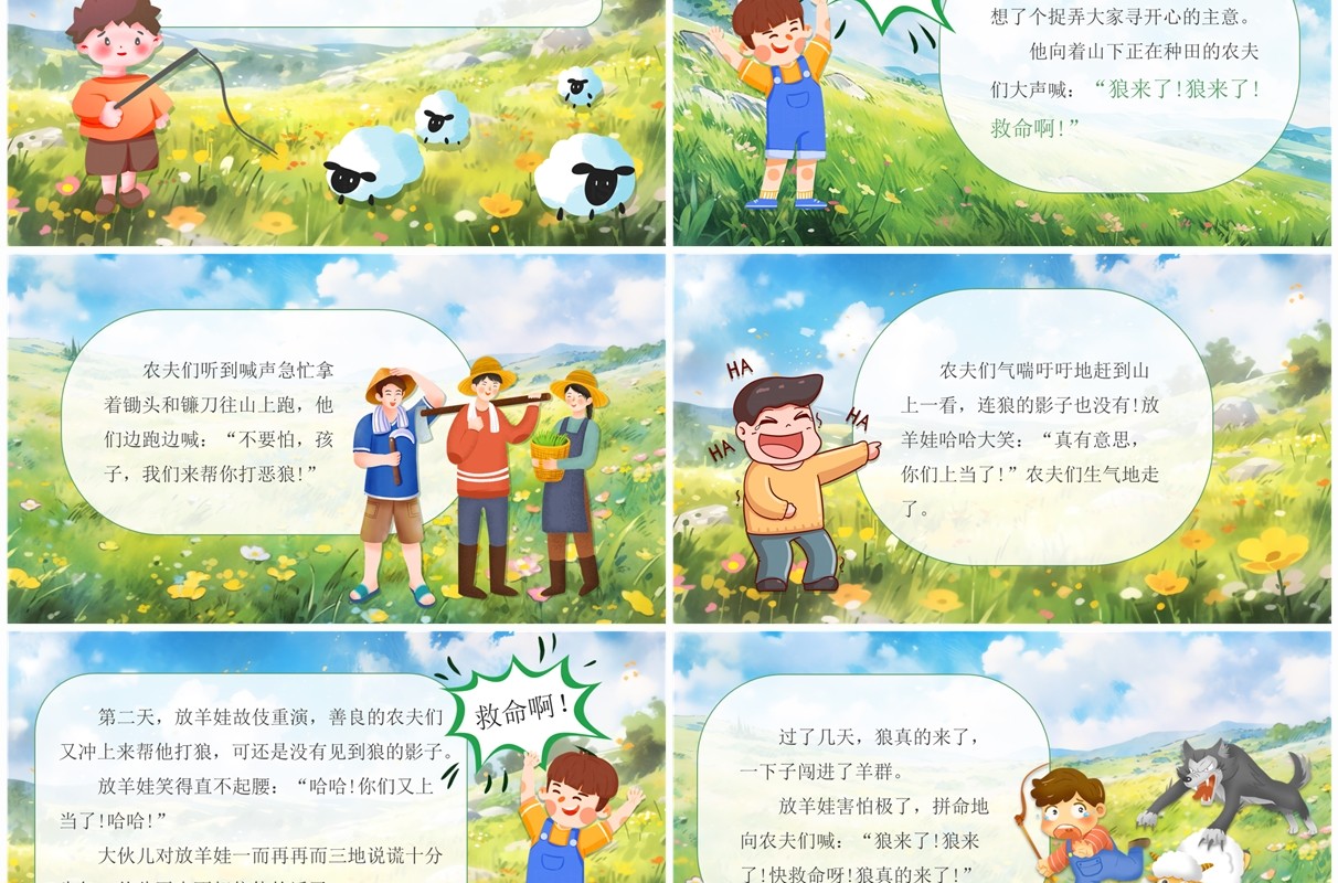 绿色卡通风儿童寓言故事狼来了PPT模板