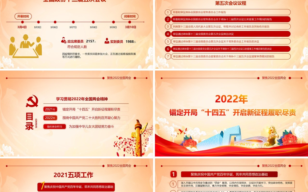 红色简约中国风聚焦2022年全国两会PPT模板