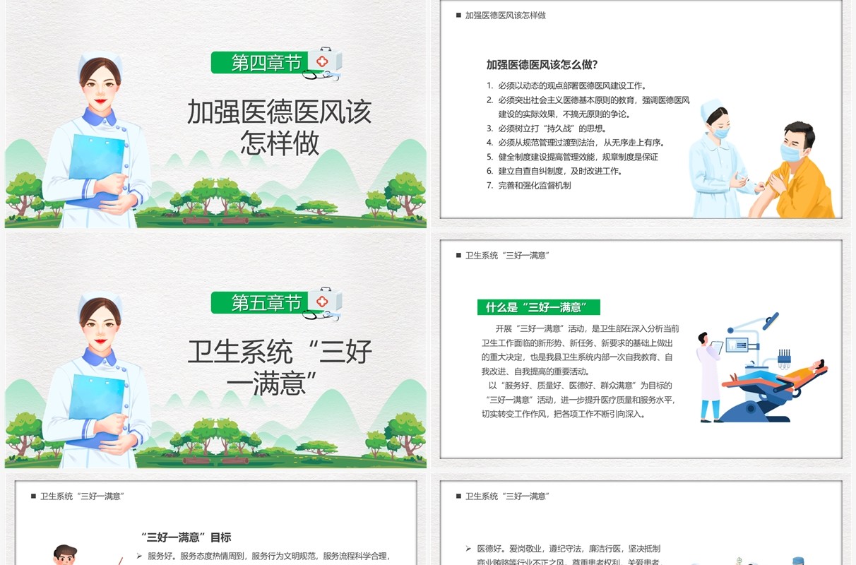 绿色简约卡通风医德医风岗前培训PPT模板