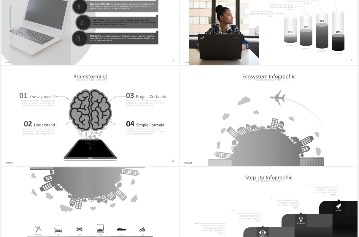 黑白灰简约商务可视化工作阶梯图表PPT模板striwel powerpoint