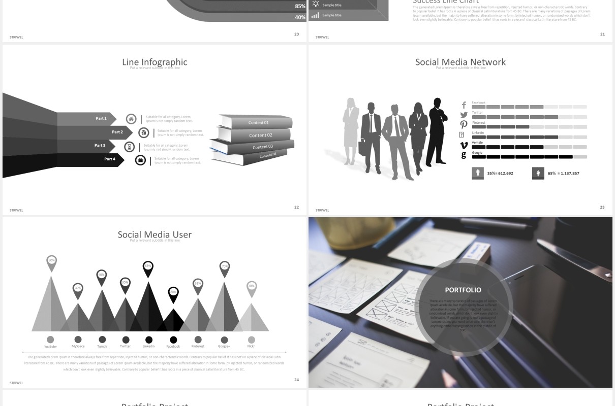 黑白灰简约商务可视化工作阶梯图表PPT模板striwel powerpoint