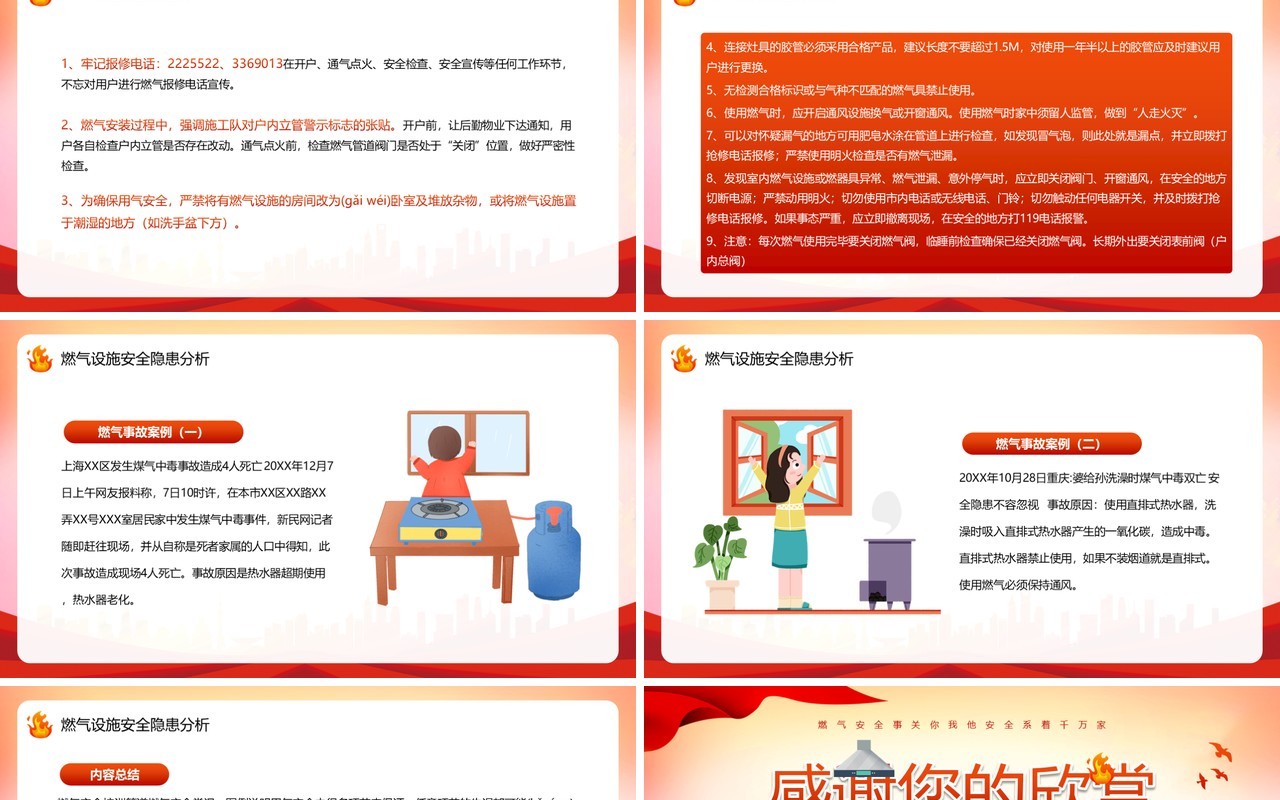 红色卡通风煤气安全常识科普PPT模板