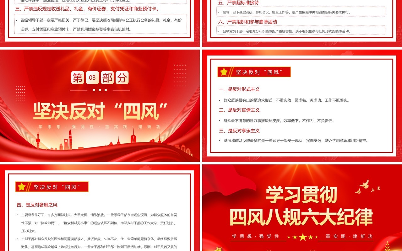 红色简约风学习贯彻四风八规六大纪律PPT模板