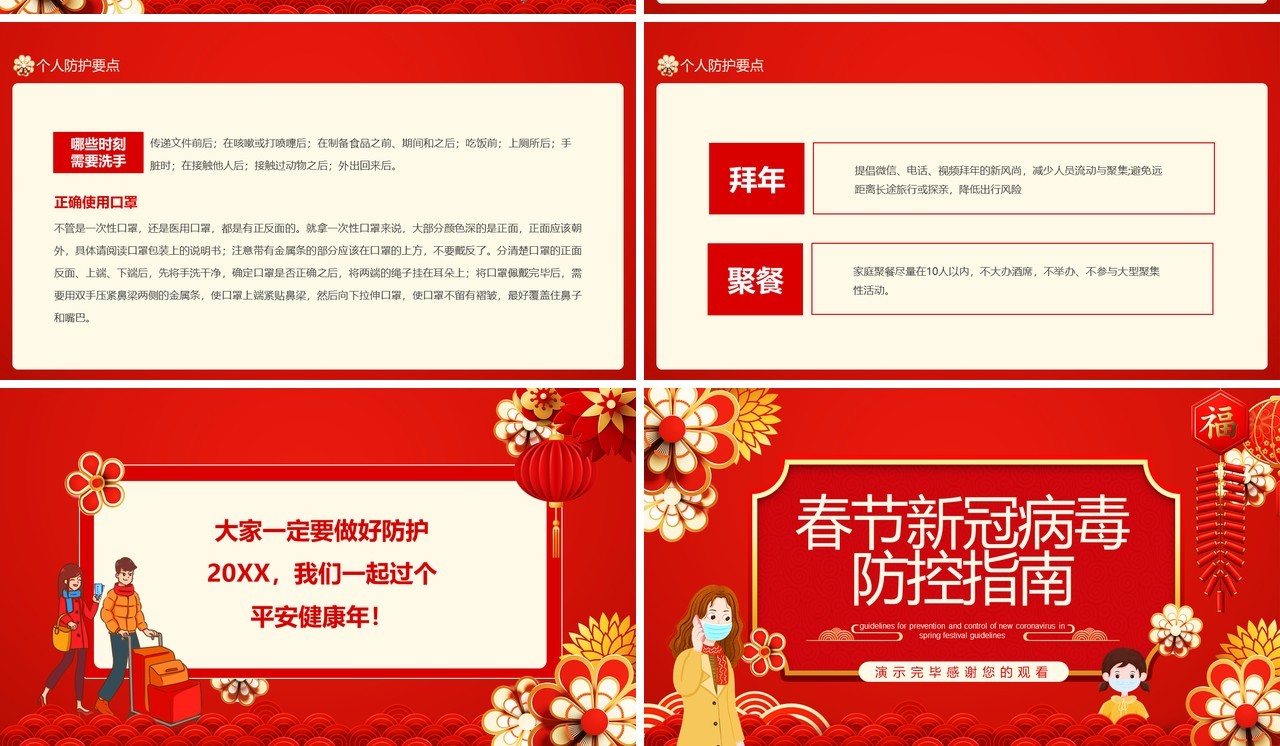 红色春节新冠病毒防控指南动态PPT模板