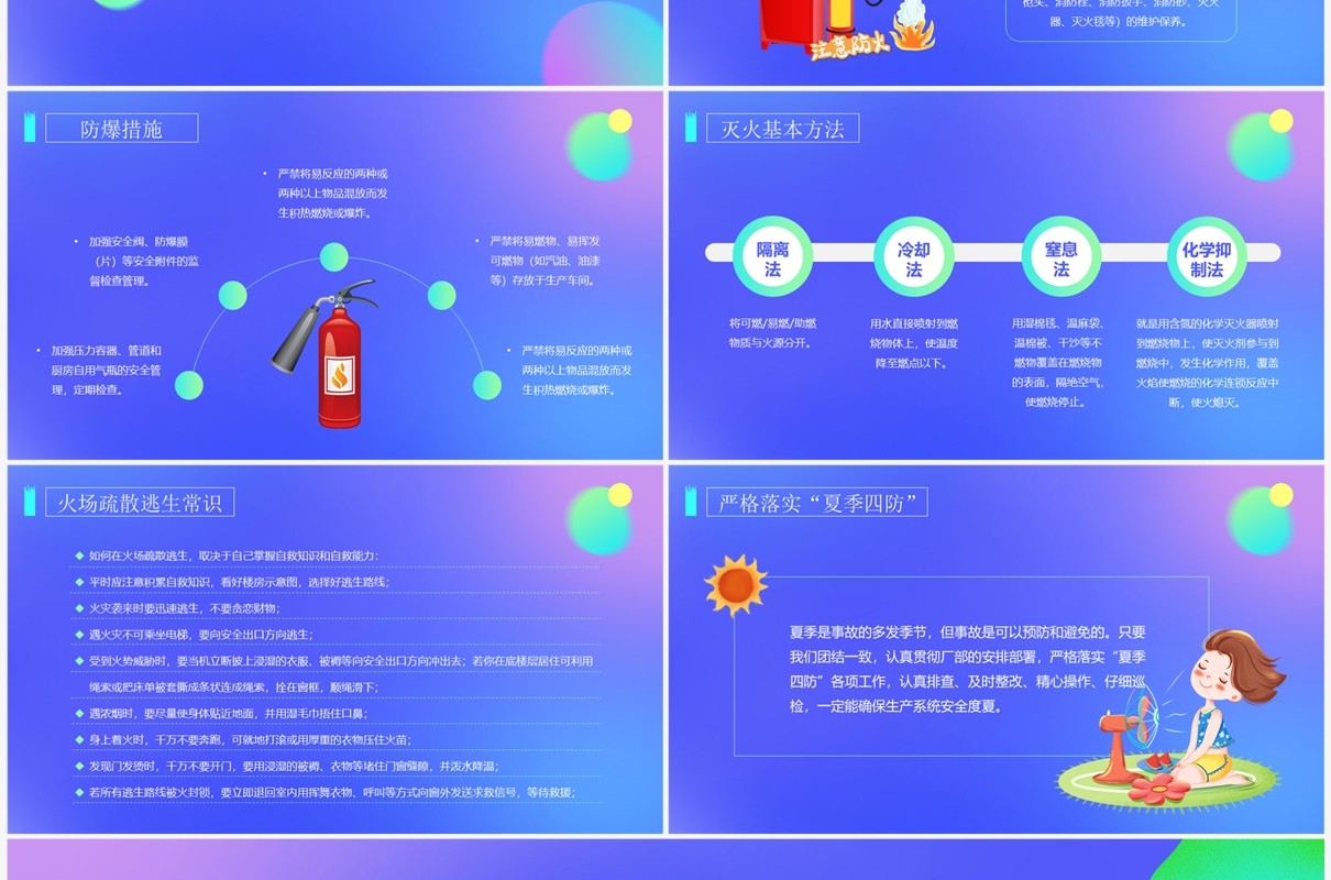 蓝色渐变卡通风夏季四防安全生产培训PPT模板