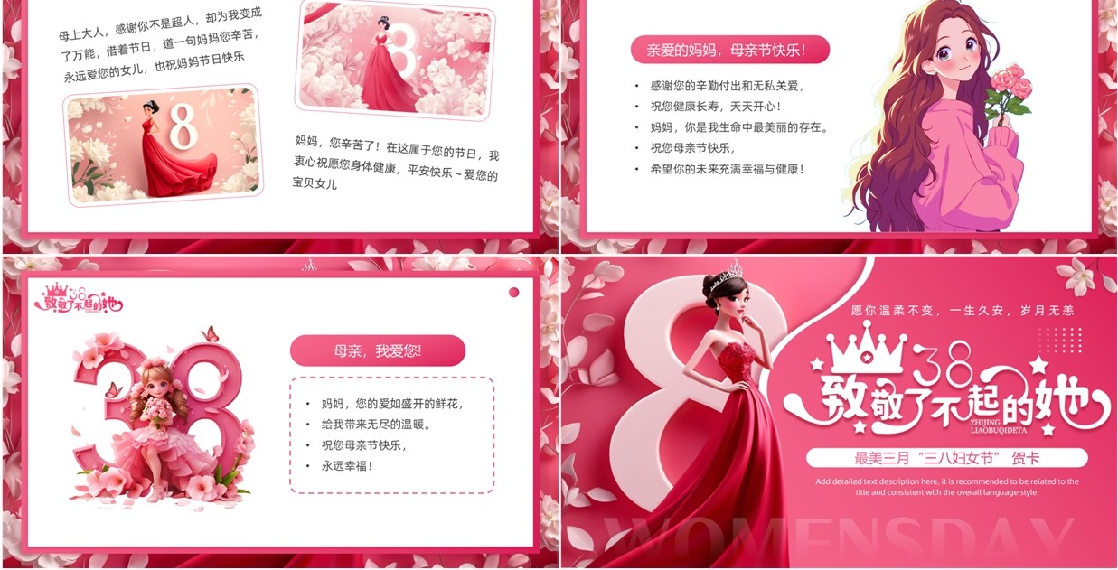 粉色插画风三八妇女节贺卡PPT模板