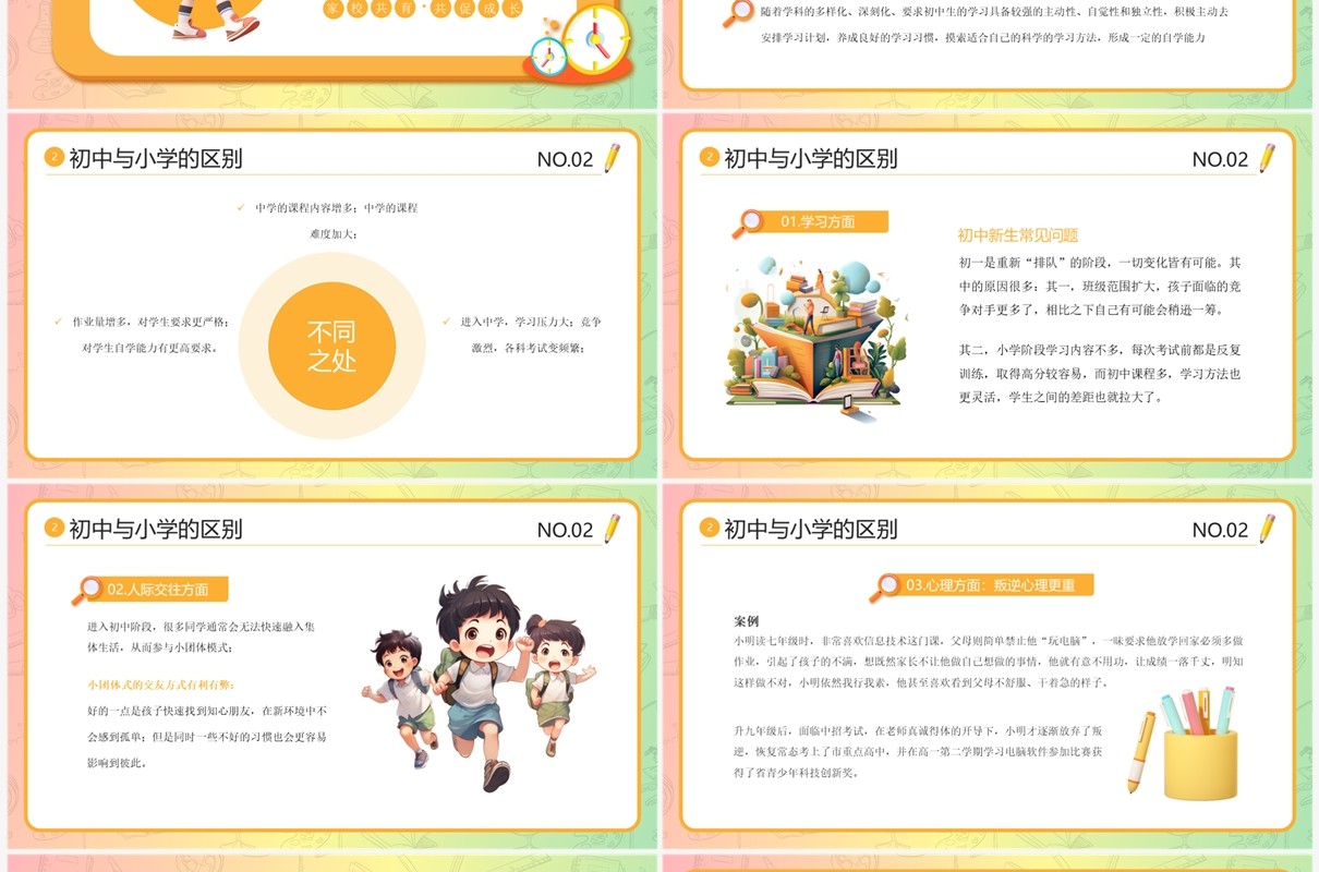 橙色3D卡通风初中新生家长会PPT模板