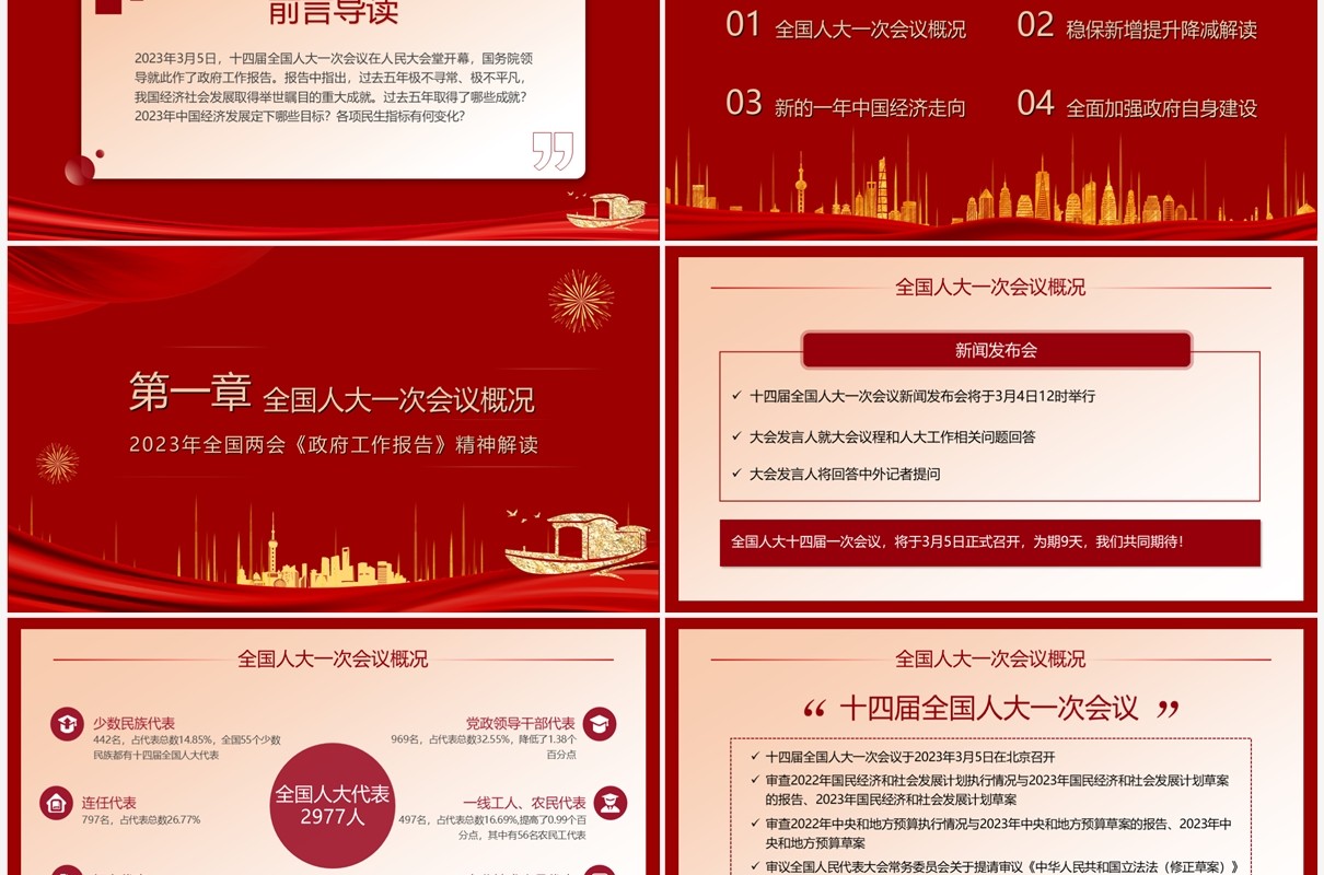 红色简约风数读2023全国两会PPT模板