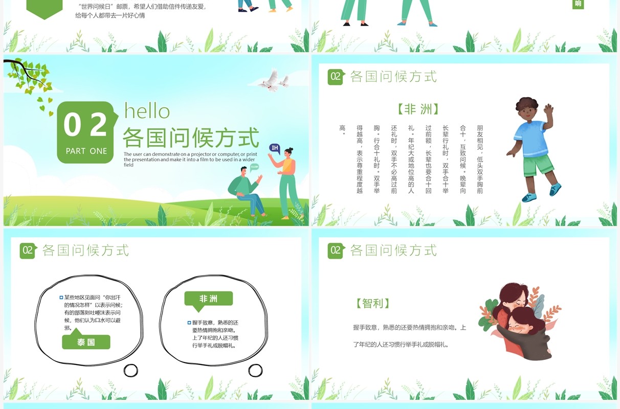 绿色卡通风世界问候日介绍PPT模板