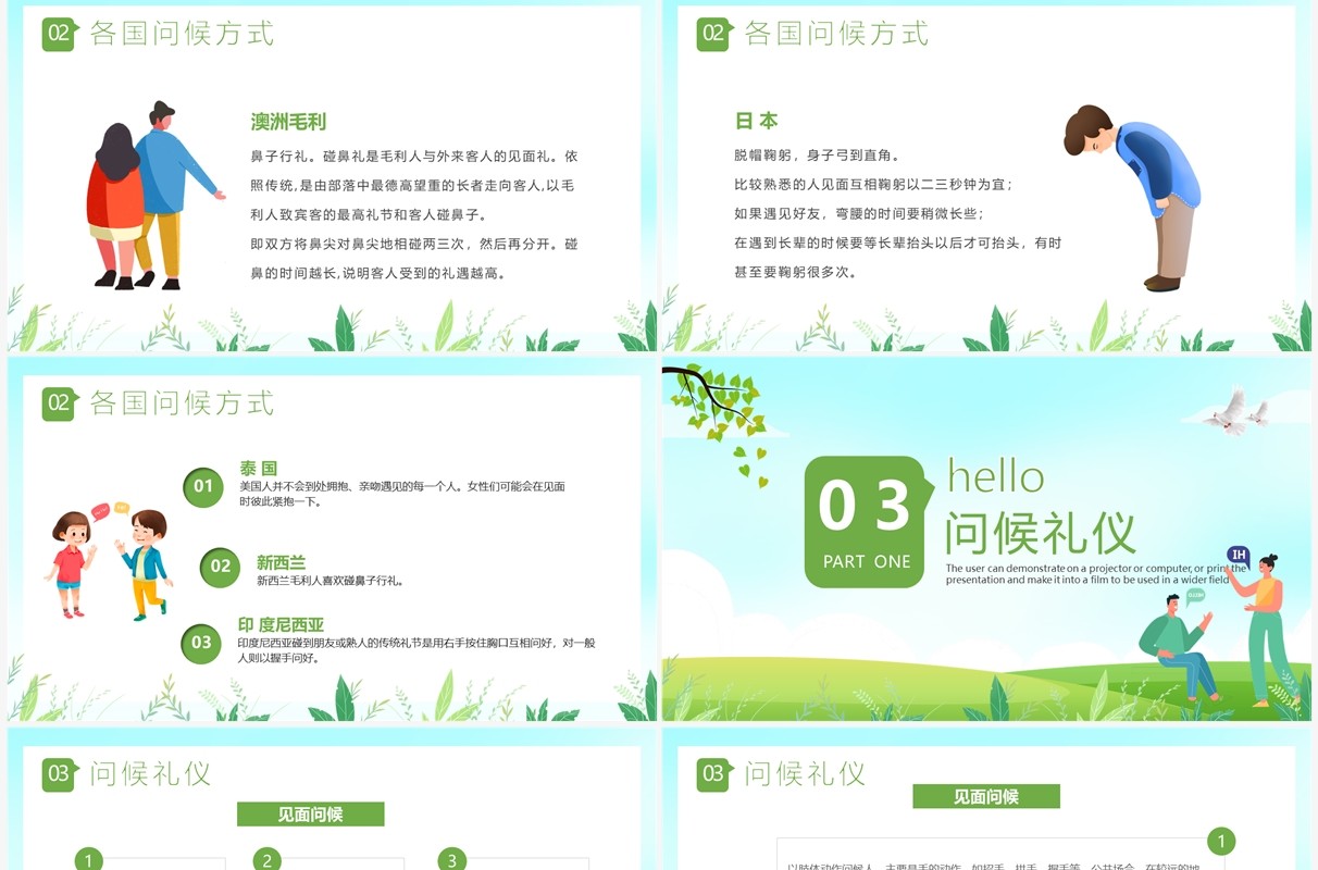 绿色卡通风世界问候日介绍PPT模板