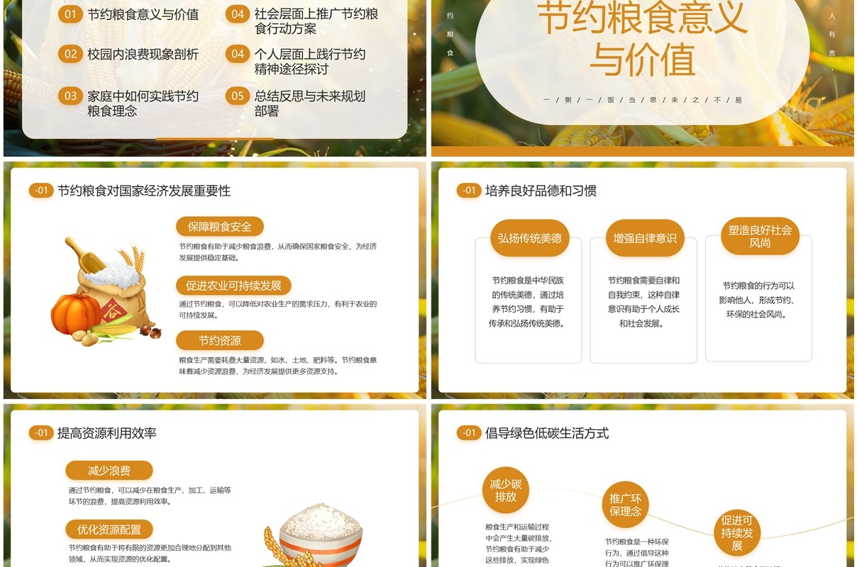 黄色简约风节约粮食主题班会PPT模板