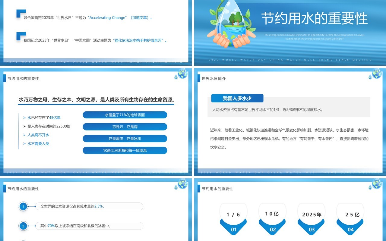 蓝色清新风世界水日主题班会PPT模板