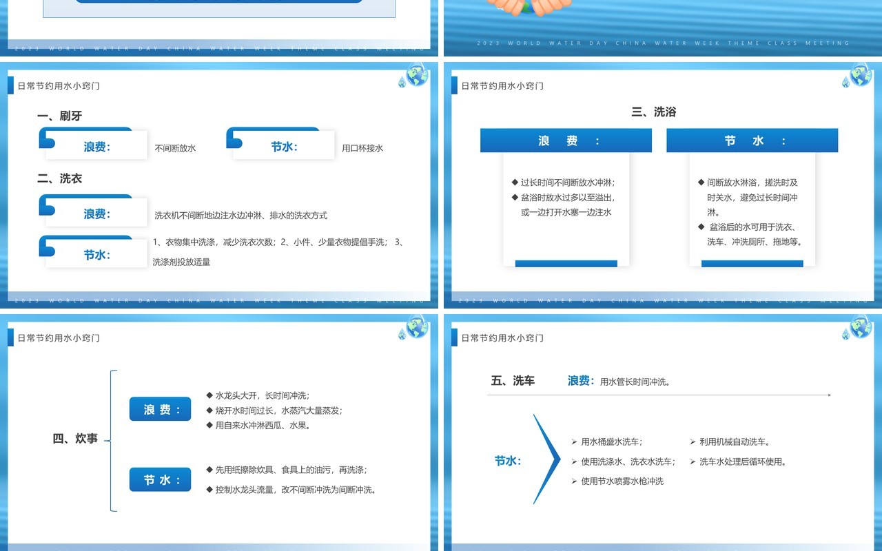 蓝色清新风世界水日主题班会PPT模板