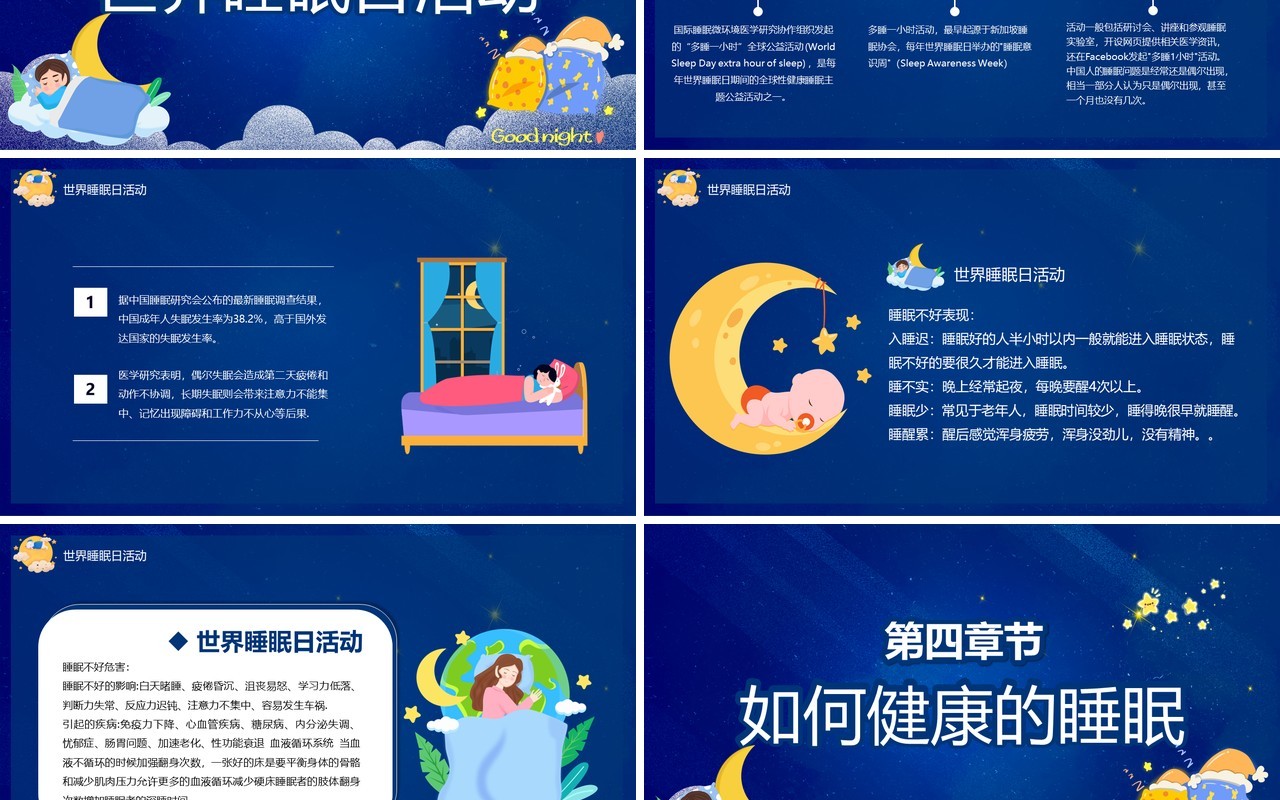 蓝色卡通风世界睡眠日节日介绍PPT模板