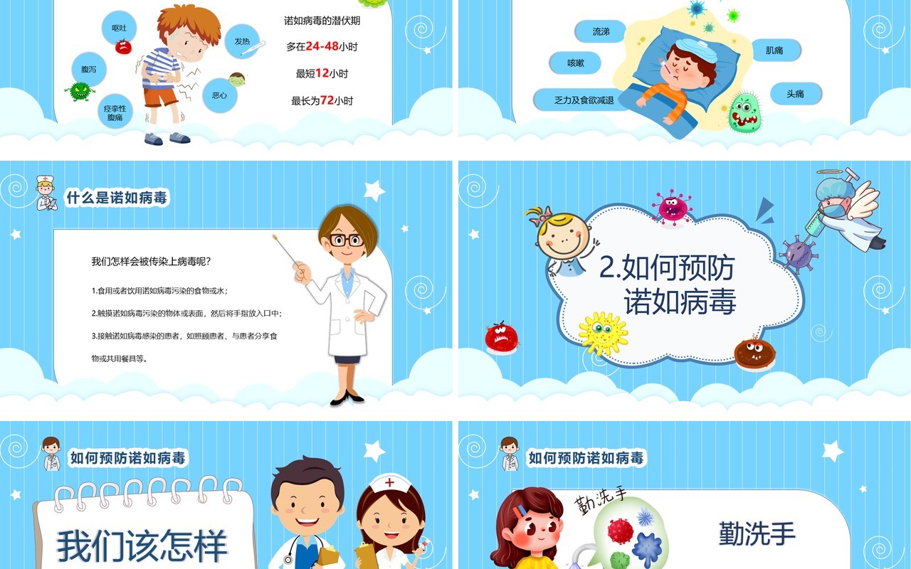 蓝色卡通教育卫生保健幼儿园预防诺如病毒PPT模板
