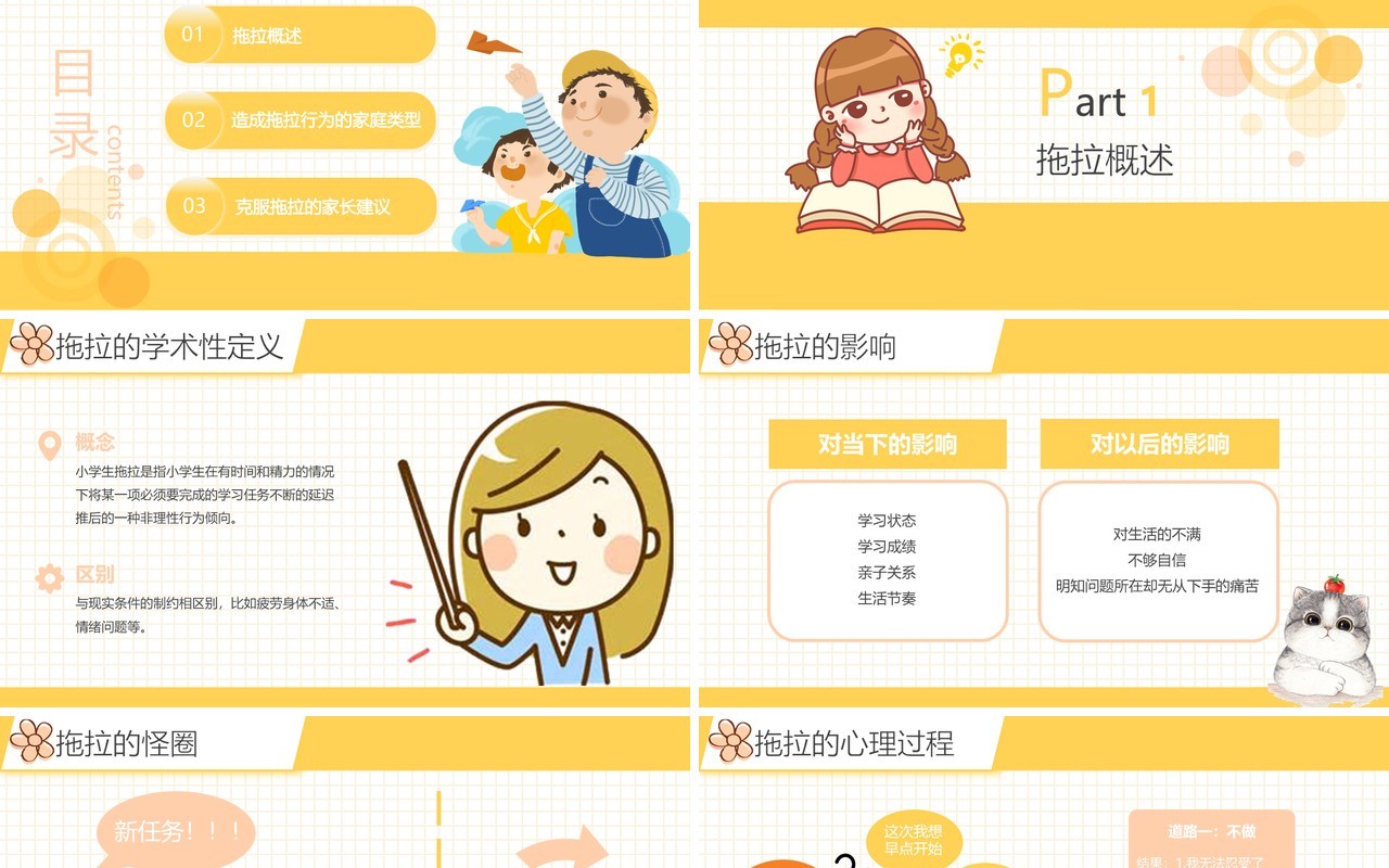 黄色卡通风小学生如何克服拖拉的习惯动态PPT模板