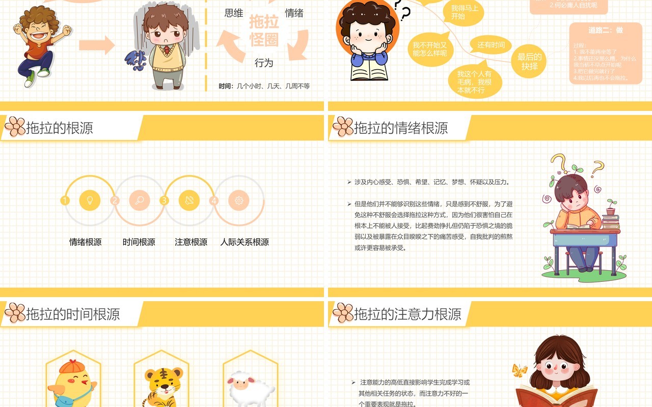 黄色卡通风小学生如何克服拖拉的习惯动态PPT模板