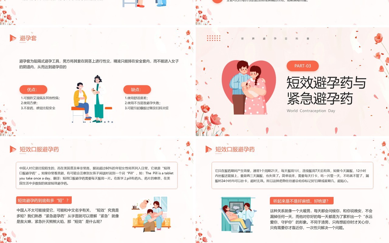 红色卡通风关注女性生殖健康科学避孕PPT模板