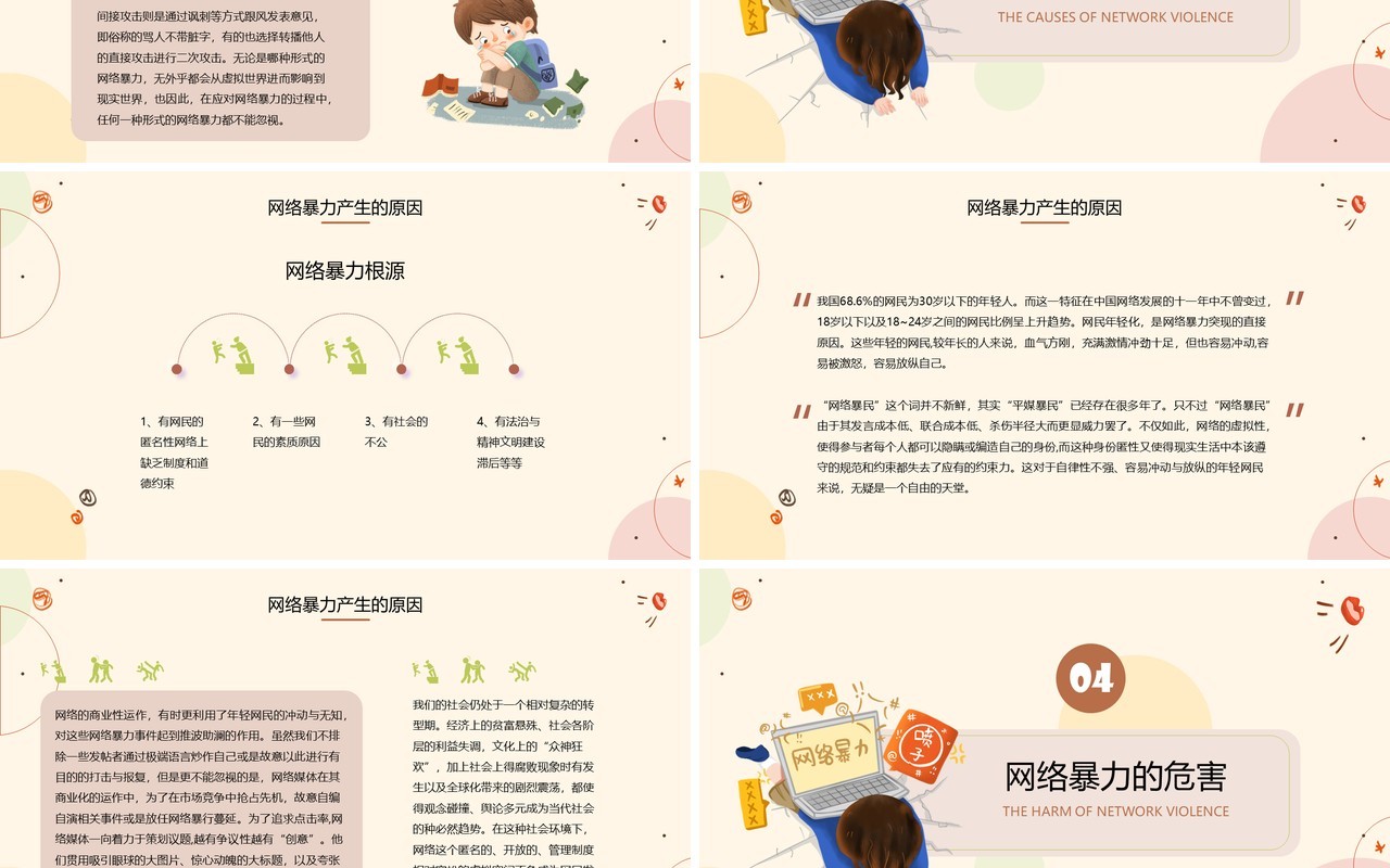 黄色卡通风拒绝网络暴力PPT模板