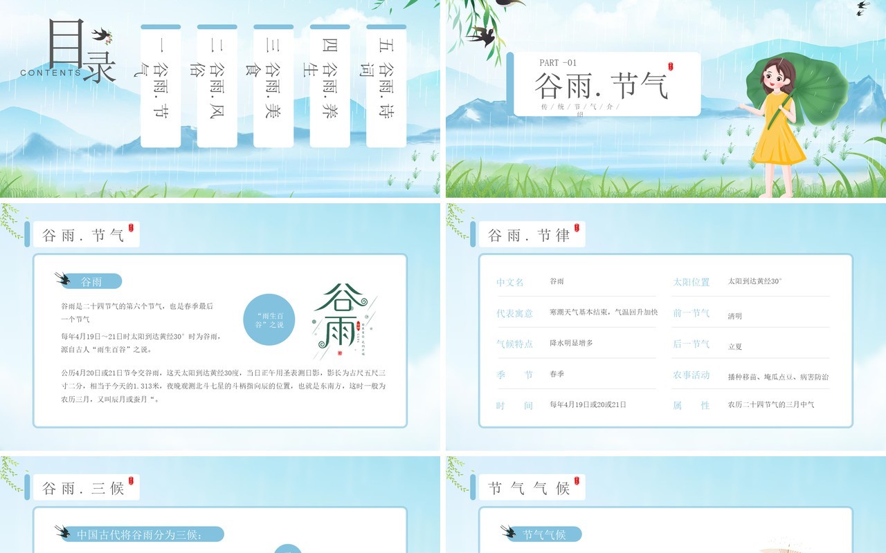 蓝色小清新谷雨节气介绍PPT模板