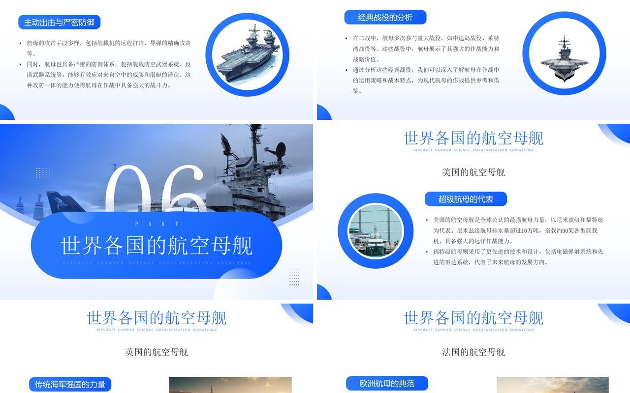 蓝色简约风航空母舰科普知识PPT模板