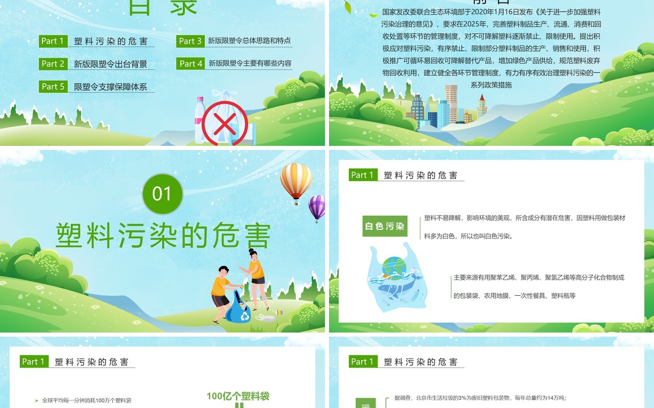 绿色卡通风解读史上最严限塑令通用PPT模板