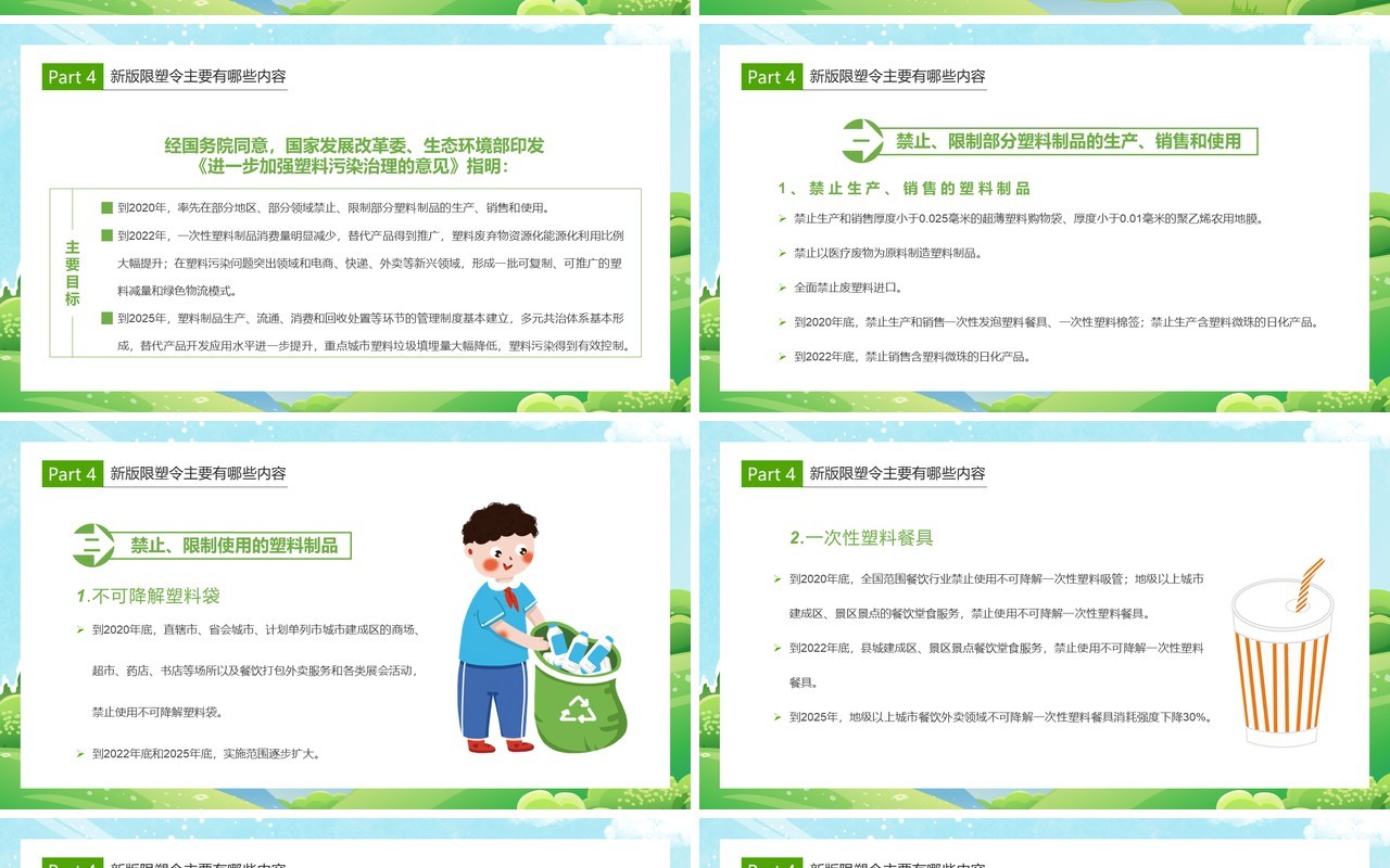 绿色卡通风解读史上最严限塑令通用PPT模板