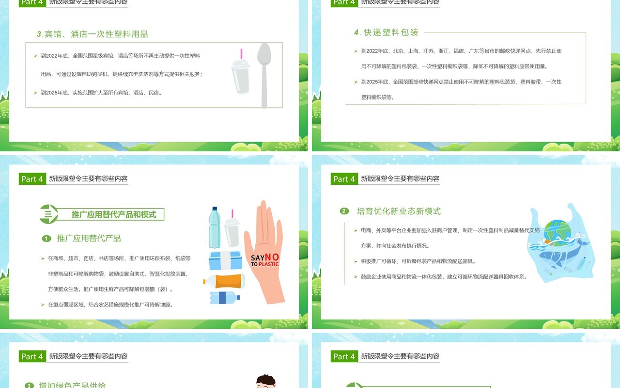 绿色卡通风解读史上最严限塑令通用PPT模板