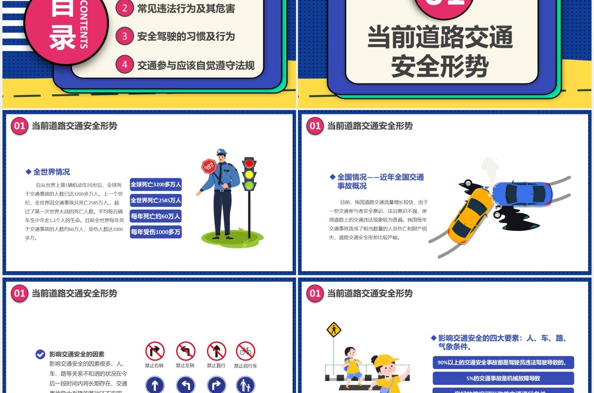 卡通遵守道路交通安全警示教育培训PPT模板