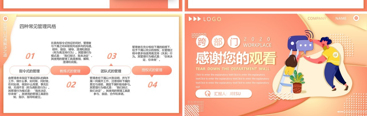 卡通插画渐变跨部门沟通与协作企业员工管理培训动态PPT模板