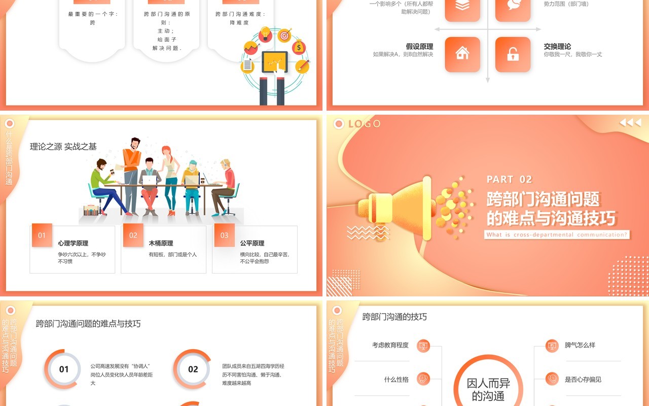 卡通插画渐变跨部门沟通与协作企业员工管理培训动态PPT模板