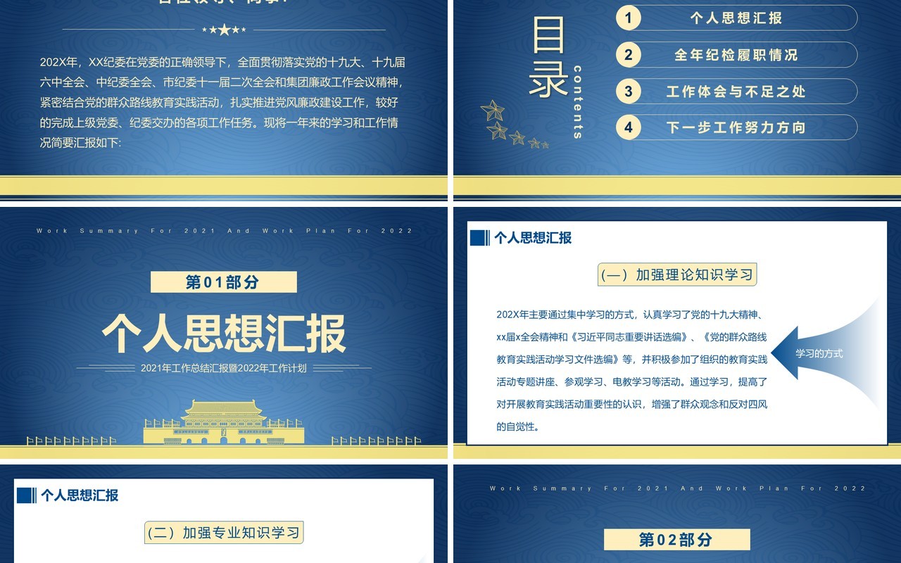 蓝色简约党政风纪委书记述职报告PPT模板