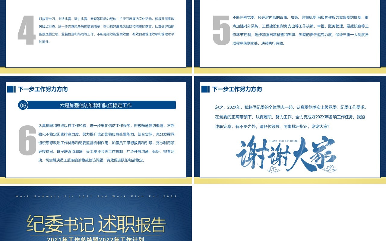 蓝色简约党政风纪委书记述职报告PPT模板