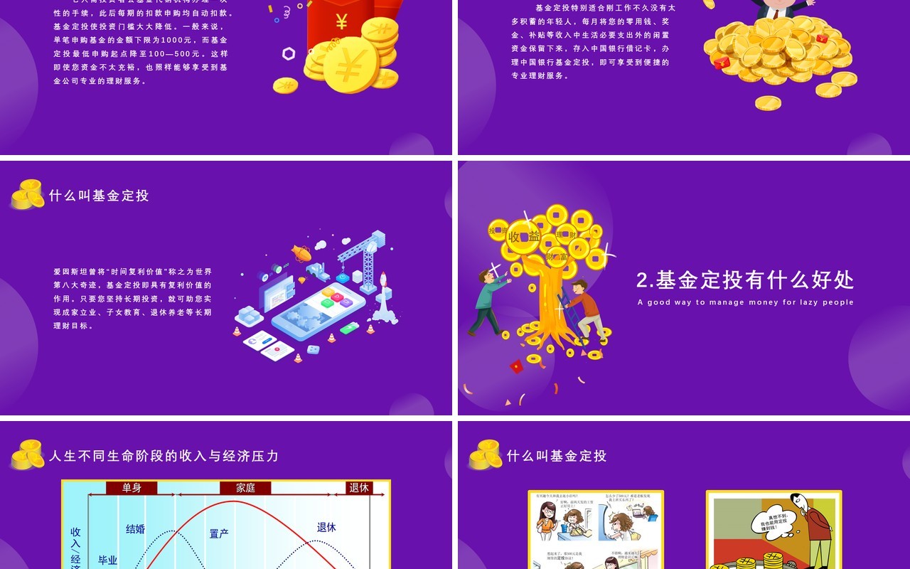 紫色懒人理财的好方法基金定投知识介绍课件PPT模板