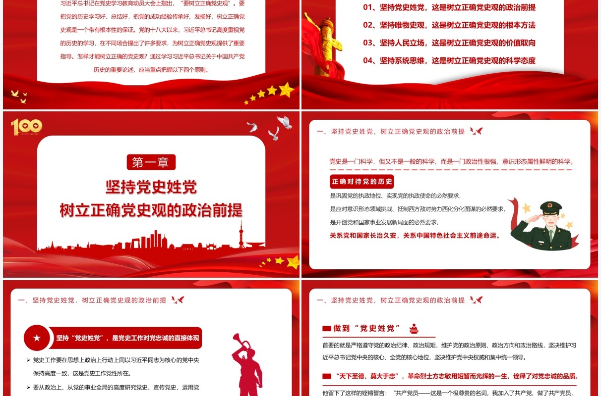 红色党政风党史学习教育树立正确党史观应当重点把握的四个原则动态PPT课件模板