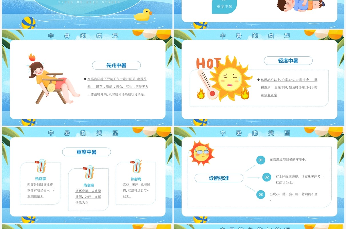 蓝色卡通风中暑急救护理PPT模板