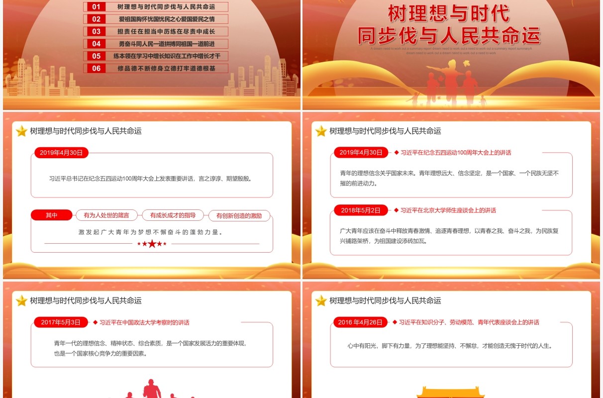 橙色党政风重温五四习主席的青春寄语PPT模板